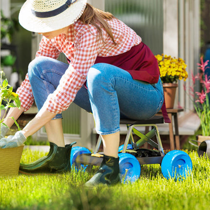 Garden Cart with Tool Tray and Rolling Stool for Weeding and Planting - Blue