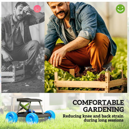 Garden Cart with Tool Tray and Rolling Stool for Weeding and Planting - Blue