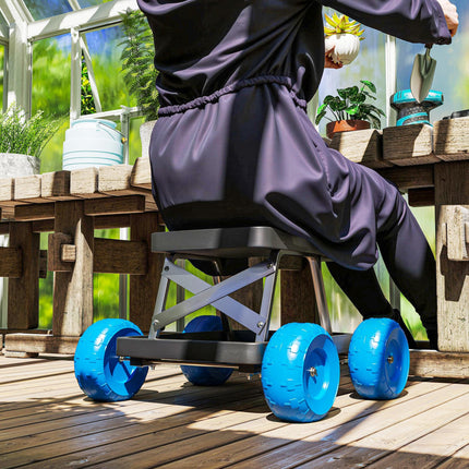 Garden Cart with Tool Tray and Rolling Stool for Weeding and Planting - Blue