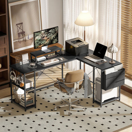 168cm Reversible L Shaped Industrial Corner Desk with Adjustable Shelf, Storage Bag & Monitor Stand, 240cm 2 Person Desk - Black