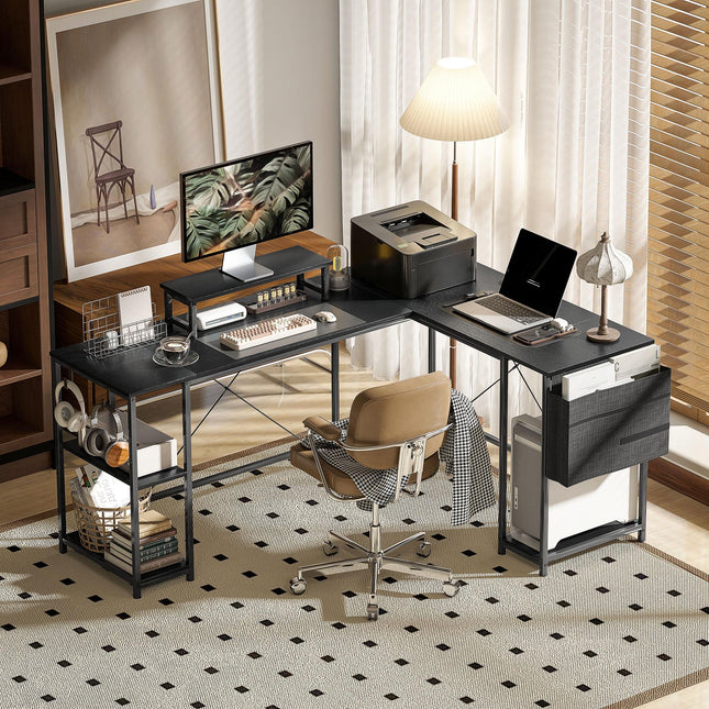 168cm Reversible L Shaped Industrial Corner Desk with Adjustable Shelf, Storage Bag & Monitor Stand, 240cm 2 Person Desk - Black