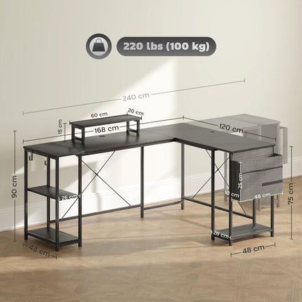 168cm Reversible L Shaped Industrial Corner Desk with Adjustable Shelf, Storage Bag & Monitor Stand, 240cm 2 Person Desk - Black