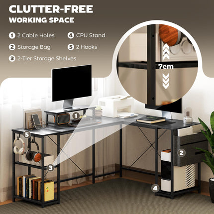 168cm Reversible L Shaped Industrial Corner Desk with Adjustable Shelf, Storage Bag & Monitor Stand, 240cm 2 Person Desk - Black