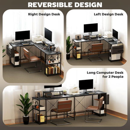 168cm Reversible L Shaped Industrial Corner Desk with Adjustable Shelf, Storage Bag & Monitor Stand, 240cm 2 Person Desk - Black
