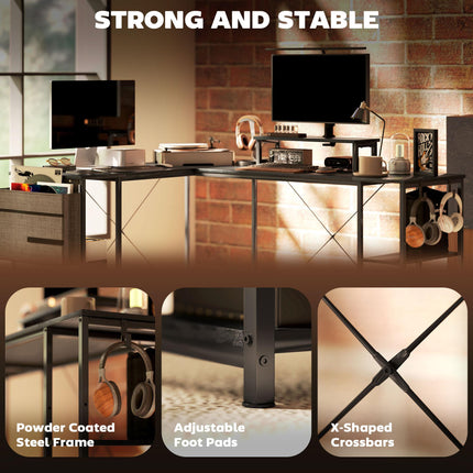168cm Reversible L Shaped Industrial Corner Desk with Adjustable Shelf, Storage Bag & Monitor Stand, 240cm 2 Person Desk - Black