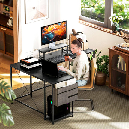 168cm Reversible L Shaped Industrial Corner Desk with Adjustable Shelf, Storage Bag & Monitor Stand, 240cm 2 Person Desk - Black