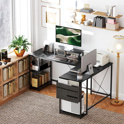 168cm Reversible L Shaped Industrial Corner Desk with Adjustable Shelf, Storage Bag & Monitor Stand, 240cm 2 Person Desk - Black