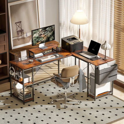 168cm Reversible L Shaped Industrial Corner Desk with Adjustable Shelf & Storage Bag, 240cm 2 Person Desk with Monitor Stand - Rustic Brown
