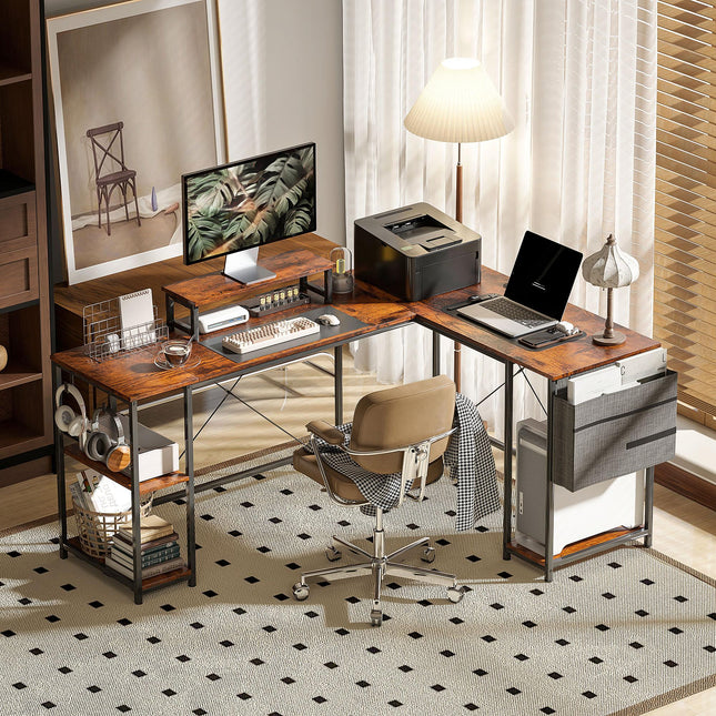 168cm Reversible L Shaped Industrial Corner Desk with Adjustable Shelf & Storage Bag, 240cm 2 Person Desk with Monitor Stand - Rustic Brown