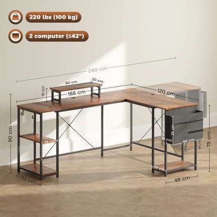 168cm Reversible L Shaped Industrial Corner Desk with Adjustable Shelf & Storage Bag, 240cm 2 Person Desk with Monitor Stand - Rustic Brown
