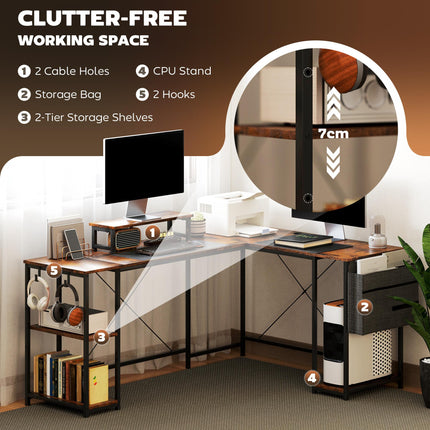 168cm Reversible L Shaped Industrial Corner Desk with Adjustable Shelf & Storage Bag, 240cm 2 Person Desk with Monitor Stand - Rustic Brown