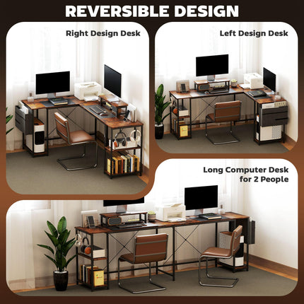 168cm Reversible L Shaped Industrial Corner Desk with Adjustable Shelf & Storage Bag, 240cm 2 Person Desk with Monitor Stand - Rustic Brown