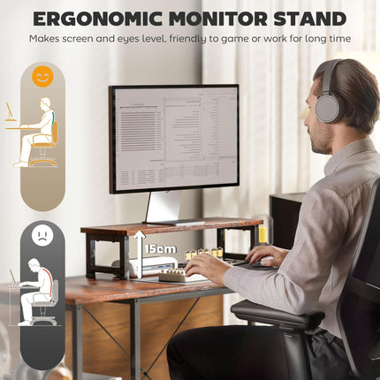 168cm Reversible L Shaped Industrial Corner Desk with Adjustable Shelf & Storage Bag, 240cm 2 Person Desk with Monitor Stand - Rustic Brown
