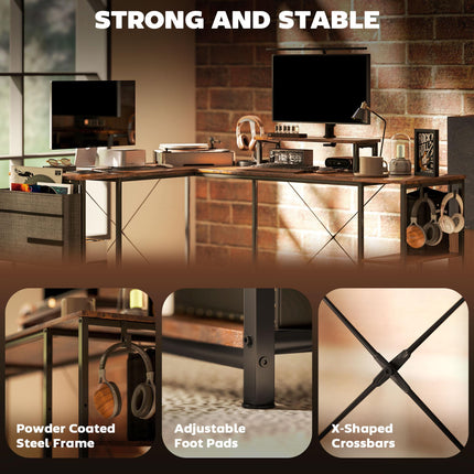 168cm Reversible L Shaped Industrial Corner Desk with Adjustable Shelf & Storage Bag, 240cm 2 Person Desk with Monitor Stand - Rustic Brown