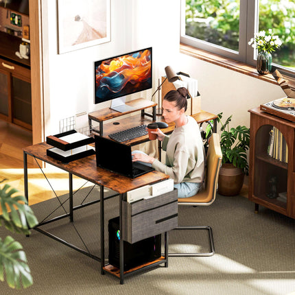 168cm Reversible L Shaped Industrial Corner Desk with Adjustable Shelf & Storage Bag, 240cm 2 Person Desk with Monitor Stand - Rustic Brown