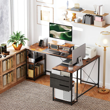 168cm Reversible L Shaped Industrial Corner Desk with Adjustable Shelf & Storage Bag, 240cm 2 Person Desk with Monitor Stand - Rustic Brown