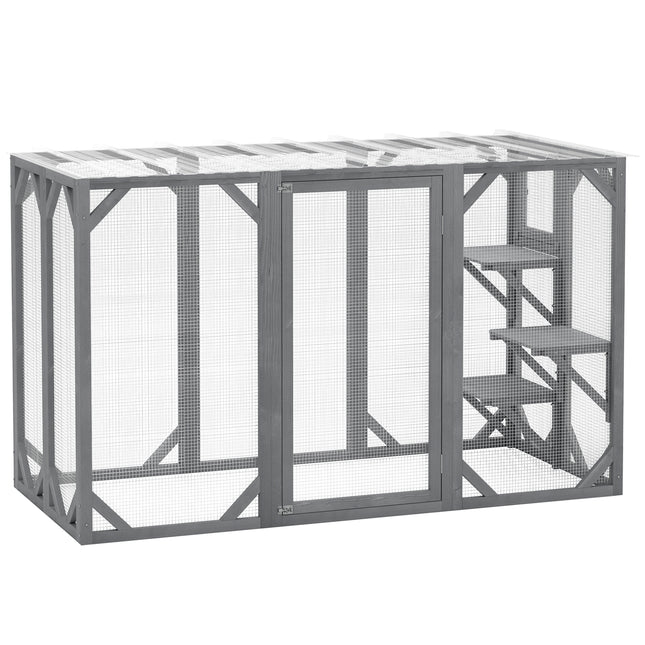 71" Outdoor Wooden Cat House with 3 Platforms, Large Doors & Water-Resistant Roof for Multiple Cats - Grey