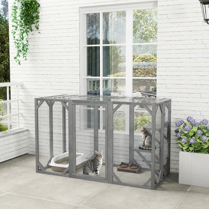 71" Outdoor Wooden Cat House with 3 Platforms, Large Doors & Water-Resistant Roof for Multiple Cats - Grey