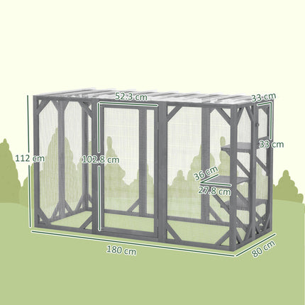 71" Outdoor Wooden Cat House with 3 Platforms, Large Doors & Water-Resistant Roof for Multiple Cats - Grey