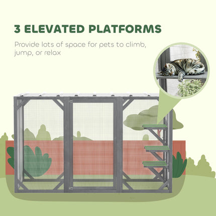 71" Outdoor Wooden Cat House with 3 Platforms, Large Doors & Water-Resistant Roof for Multiple Cats - Grey