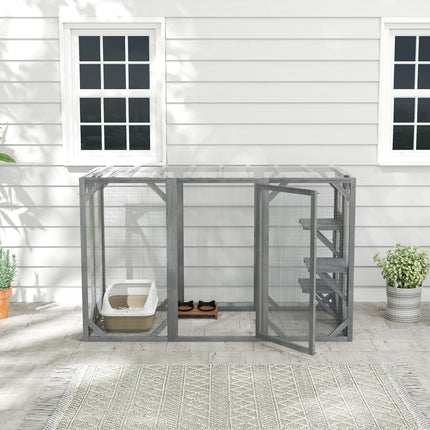 71" Outdoor Wooden Cat House with 3 Platforms, Large Doors & Water-Resistant Roof for Multiple Cats - Grey