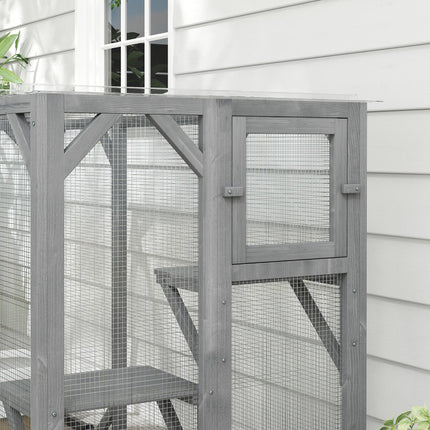 71" Outdoor Wooden Cat House with 3 Platforms, Large Doors & Water-Resistant Roof for Multiple Cats - Grey