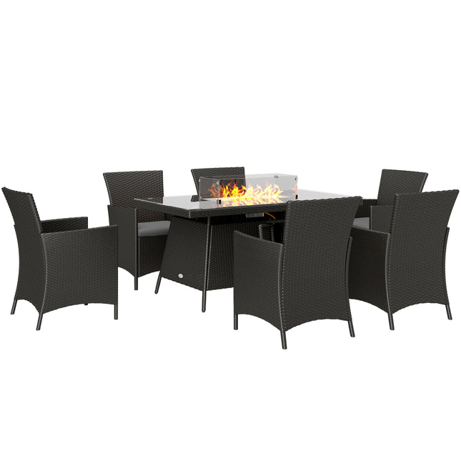 7 Piece Outdoor Rattan Garden Dining Set with 6 Chairs, Fire Pit Table & 50,000 BTU Propane Heater - Black
