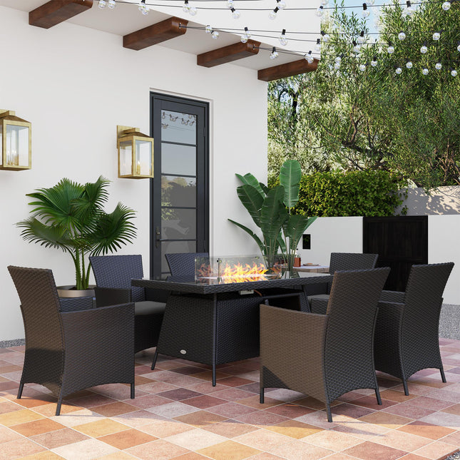 7 Piece Outdoor Rattan Garden Dining Set with 6 Chairs, Fire Pit Table & 50,000 BTU Propane Heater - Black