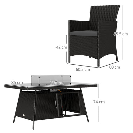 7 Piece Outdoor Rattan Garden Dining Set with 6 Chairs, Fire Pit Table & 50,000 BTU Propane Heater - Black