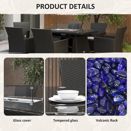 7 Piece Outdoor Rattan Garden Dining Set with 6 Chairs, Fire Pit Table & 50,000 BTU Propane Heater - Black