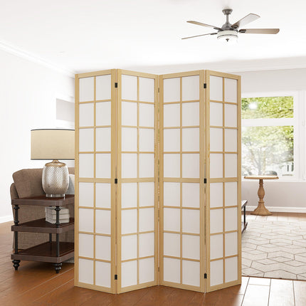 4 Panel Folding Room Divider 160x170cm Freestanding Privacy Screen - Natural Wood Finish