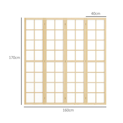 4 Panel Folding Room Divider 160x170cm Freestanding Privacy Screen - Natural Wood Finish