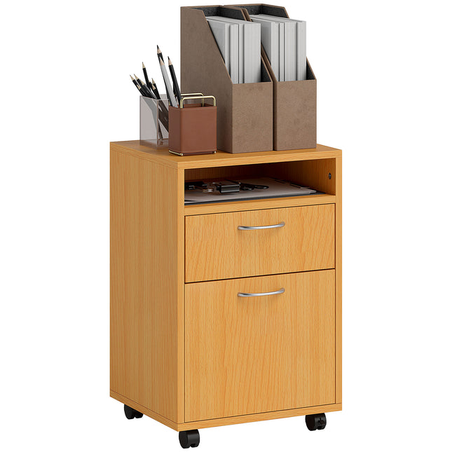 60cm Mobile Filing Cabinet with Drawer, Open Shelf, Metal Handles & Wheels - Natural Wood Finish
