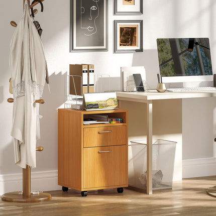 60cm Mobile Filing Cabinet with Drawer, Open Shelf, Metal Handles & Wheels - Natural Wood Finish