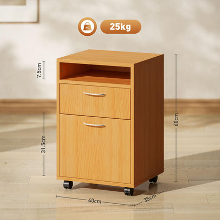 60cm Mobile Filing Cabinet with Drawer, Open Shelf, Metal Handles & Wheels - Natural Wood Finish