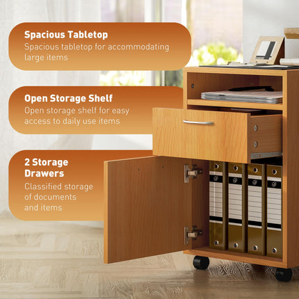 60cm Mobile Filing Cabinet with Drawer, Open Shelf, Metal Handles & Wheels - Natural Wood Finish