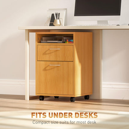 60cm Mobile Filing Cabinet with Drawer, Open Shelf, Metal Handles & Wheels - Natural Wood Finish