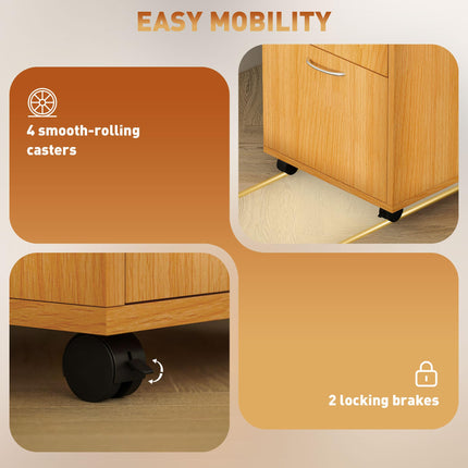 60cm Mobile Filing Cabinet with Drawer, Open Shelf, Metal Handles & Wheels - Natural Wood Finish
