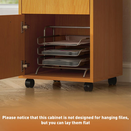 60cm Mobile Filing Cabinet with Drawer, Open Shelf, Metal Handles & Wheels - Natural Wood Finish