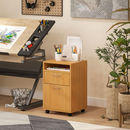 60cm Mobile Filing Cabinet with Drawer, Open Shelf, Metal Handles & Wheels - Natural Wood Finish