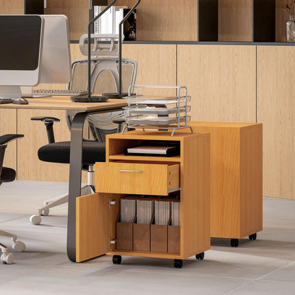 60cm Mobile Filing Cabinet with Drawer, Open Shelf, Metal Handles & Wheels - Natural Wood Finish