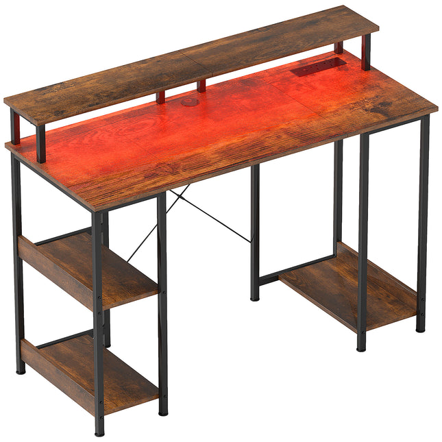 Computer Desk 120x50cm with Power Outlets, LED Lights, Monitor Stand & 2-Tier Storage - Rustic Brown