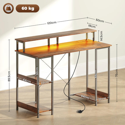 Computer Desk 120x50cm with Power Outlets, LED Lights, Monitor Stand & 2-Tier Storage - Rustic Brown