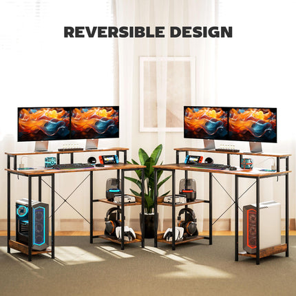 Computer Desk 120x50cm with Power Outlets, LED Lights, Monitor Stand & 2-Tier Storage - Rustic Brown