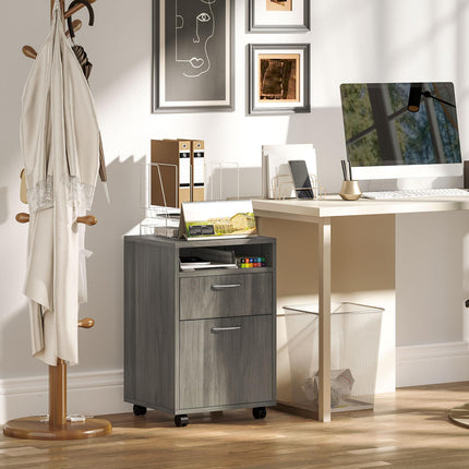 60cm Mobile Filing Cabinet with Drawer, Open Shelf & Wheels - Grey