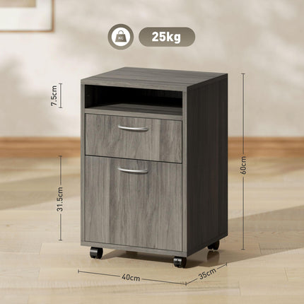 60cm Mobile Filing Cabinet with Drawer, Open Shelf & Wheels - Grey