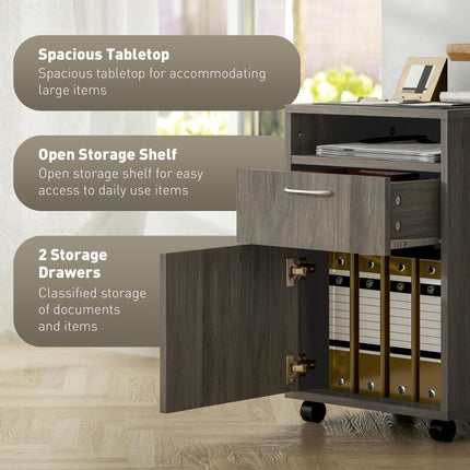 60cm Mobile Filing Cabinet with Drawer, Open Shelf & Wheels - Grey