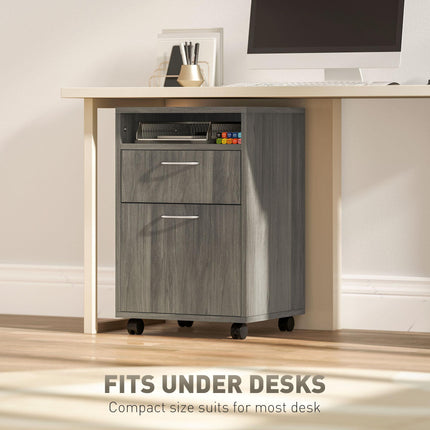 60cm Mobile Filing Cabinet with Drawer, Open Shelf & Wheels - Grey