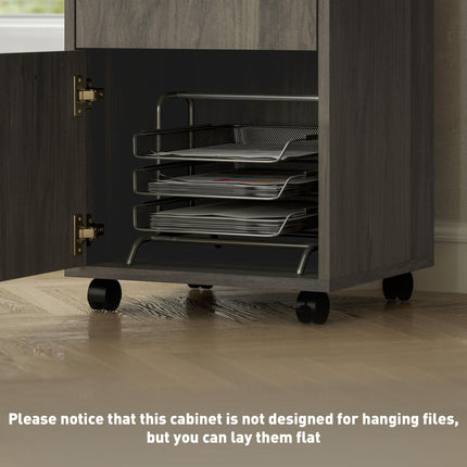 60cm Mobile Filing Cabinet with Drawer, Open Shelf & Wheels - Grey