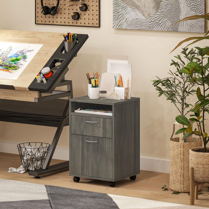 60cm Mobile Filing Cabinet with Drawer, Open Shelf & Wheels - Grey